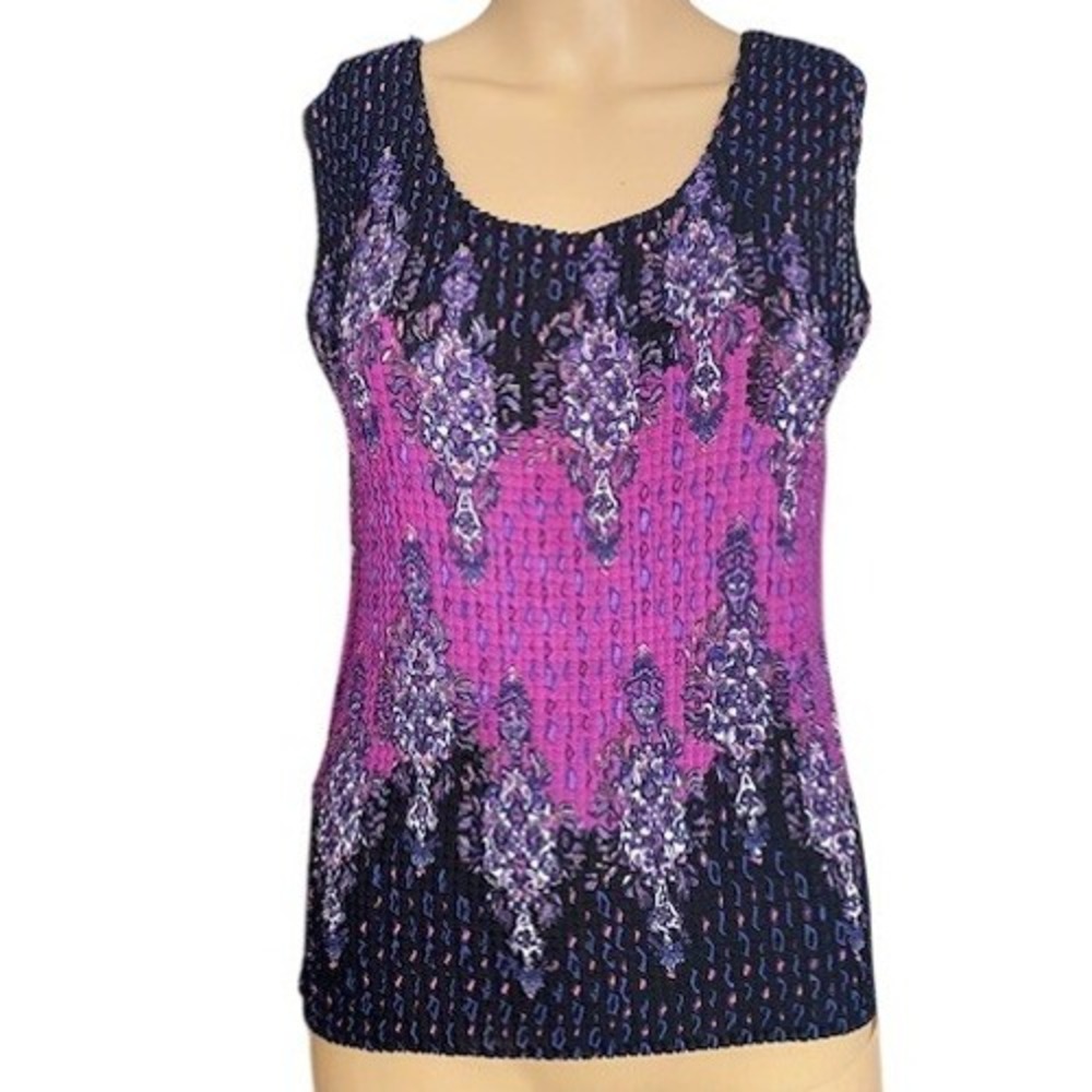 Vtg 90s Tank Top Shirt Crinkle Pleated Purple Black Paisley Textured